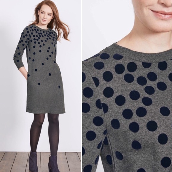 Boden Dresses & Skirts - Boden Navy flocked polka dot gray sweatshirt dress
